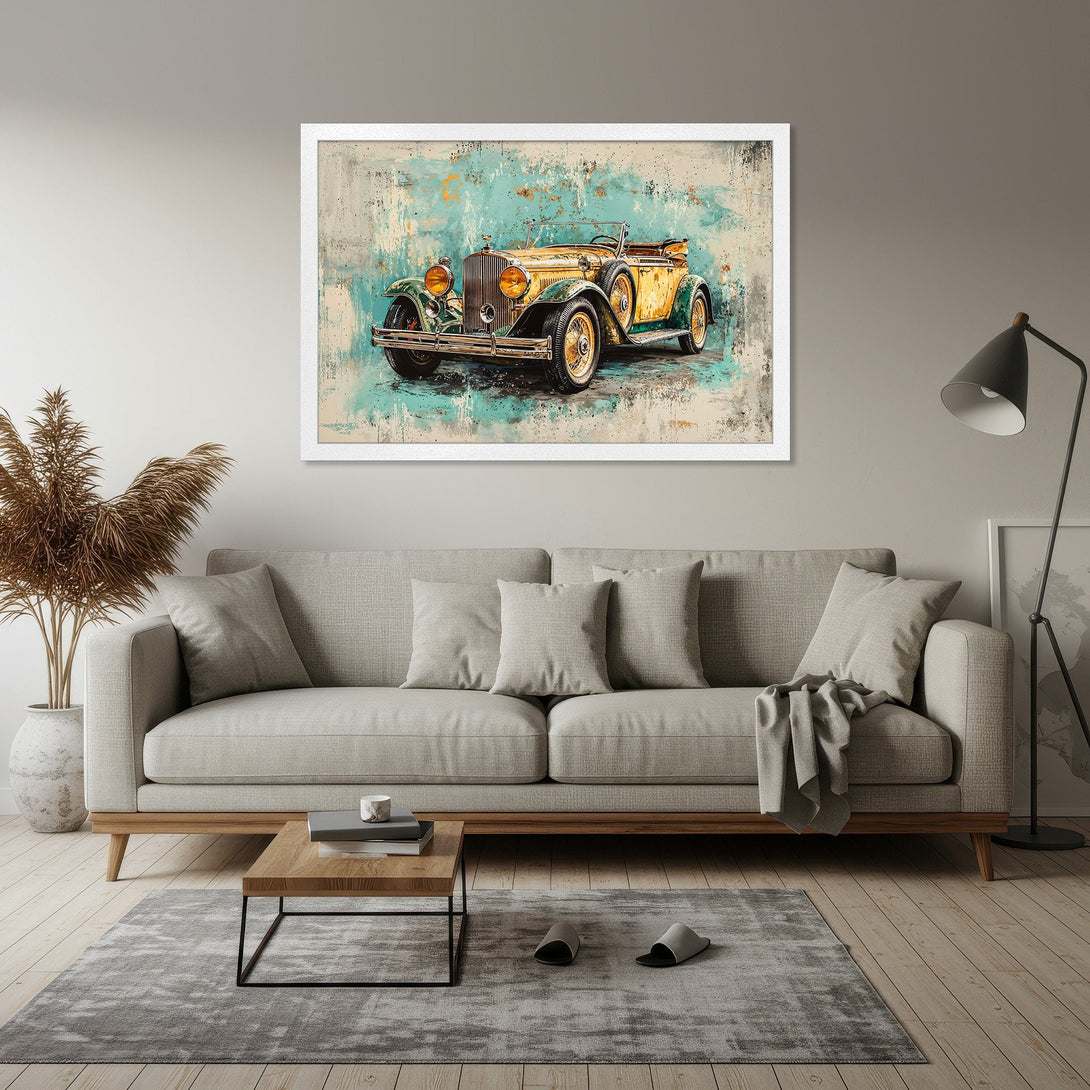 Framed Poster featuring a vintage car in a distressed style with a teal and yellow color palette. Perfect wall art!