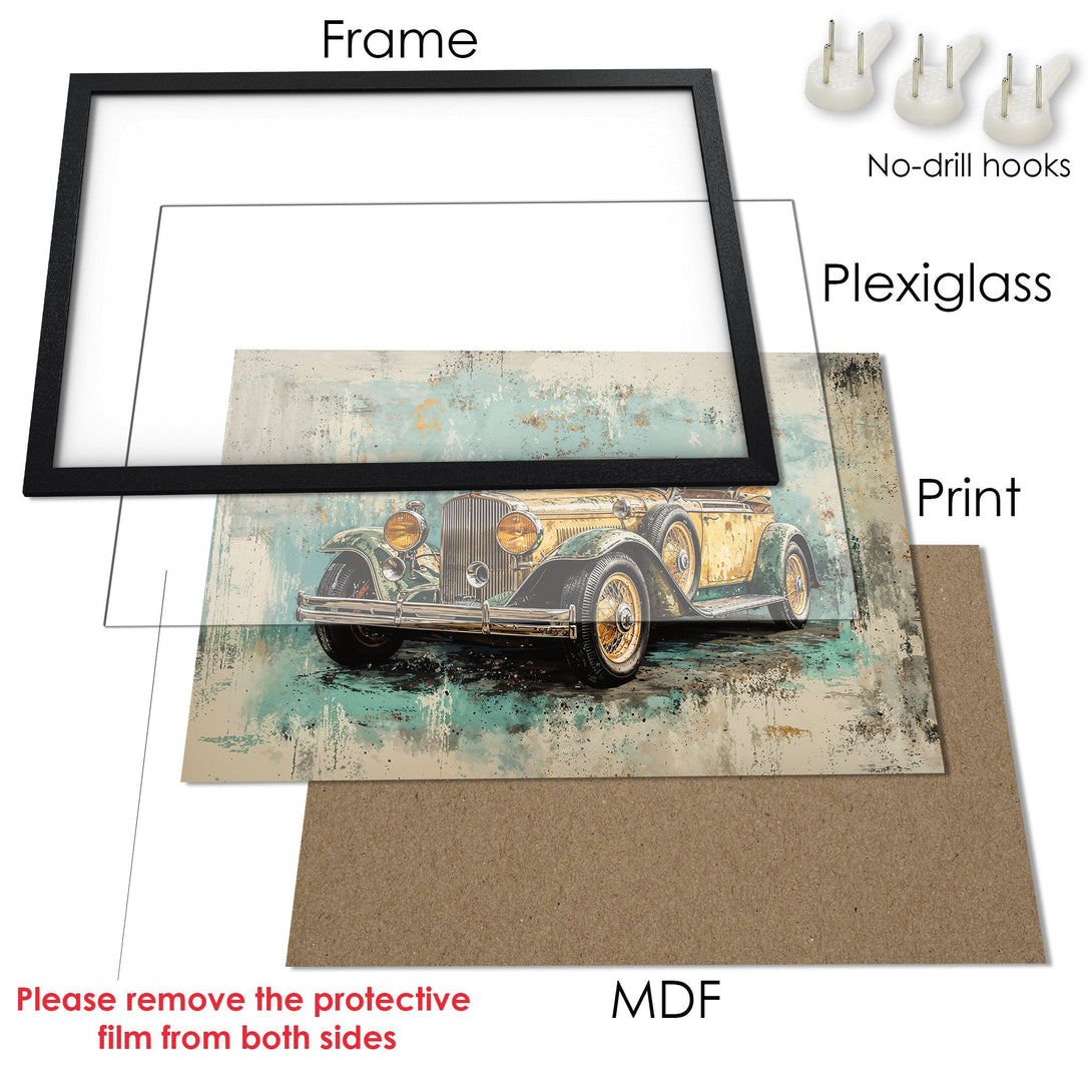 Framed Poster featuring a vintage car in a distressed style, with a teal, beige, and yellow color palette. Perfect wall art!