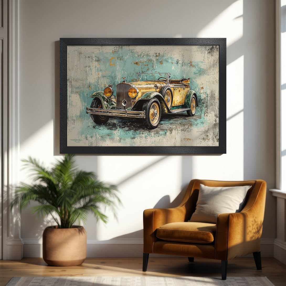 Framed Poster of vintage car in an abstract style with teal and yellow tones. Perfect wall art for any space.