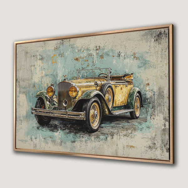 Framed Wall Art: Vintage car canvas print in a distressed style, featuring a yellow and green color palette. Perfect for classic decor.