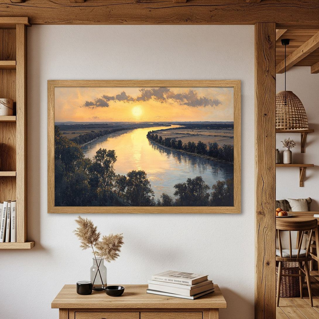 Framed Poster of a sunset landscape painting. Warm color palette, artistic style, perfect for home decor. Buy now!
