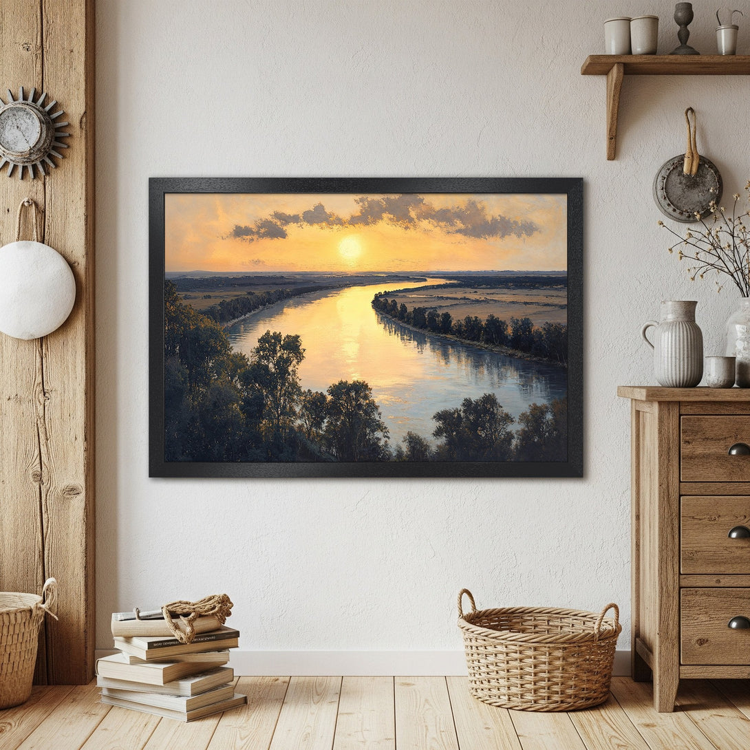 Framed Poster of a river landscape painting. Warm sunset colors and a classic style create a calming aesthetic for your home.