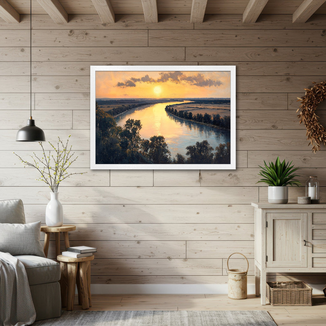 Framed Poster of a river landscape painting in warm sunset colors. Enhance your home decor with this beautiful art print.