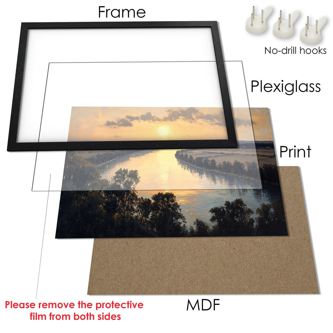Framed Poster featuring a serene landscape painting with a warm, golden color palette. Perfect art for your home!