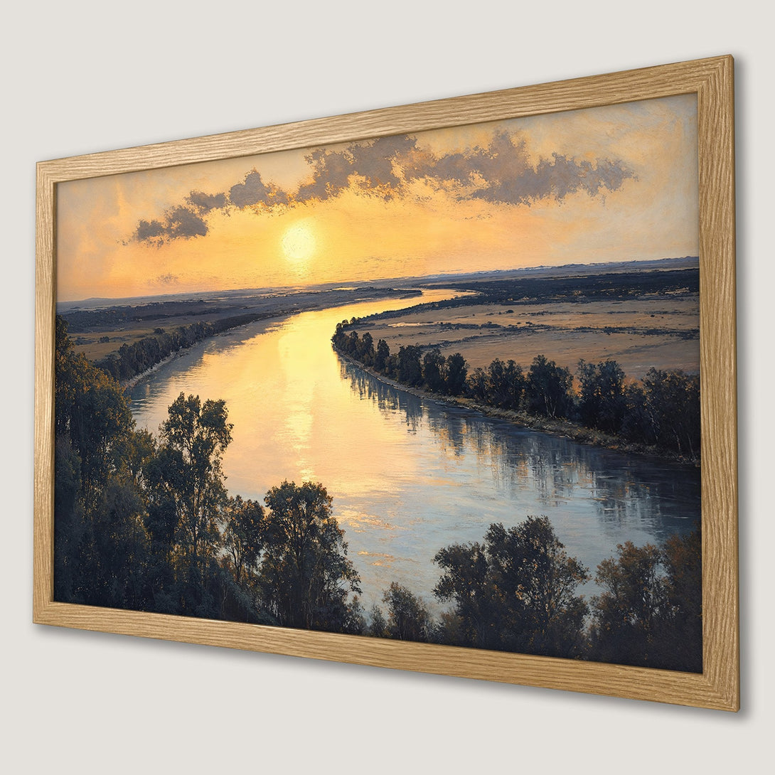 Framed Poster: River landscape art print in warm sunset colors. Add serenity to your space.