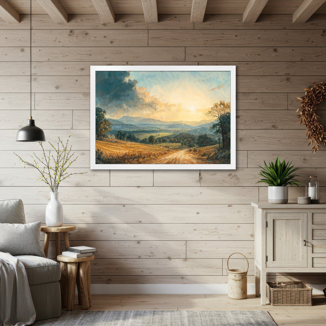 Framed Poster of a landscape painting with warm yellow, blue, and green hues. Perfect wall art for a cozy home.