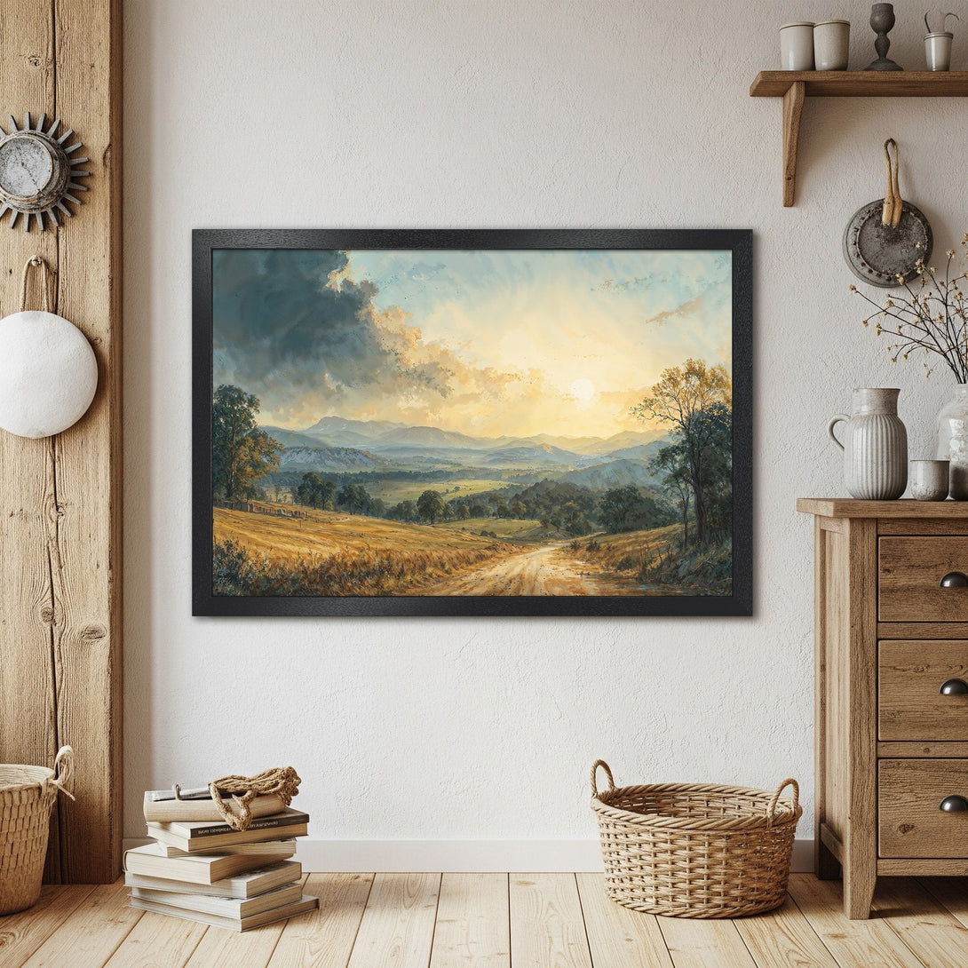 Framed Poster of a serene landscape painting. Features a warm color palette with a focus on nature and a rustic style. Perfect wall art.