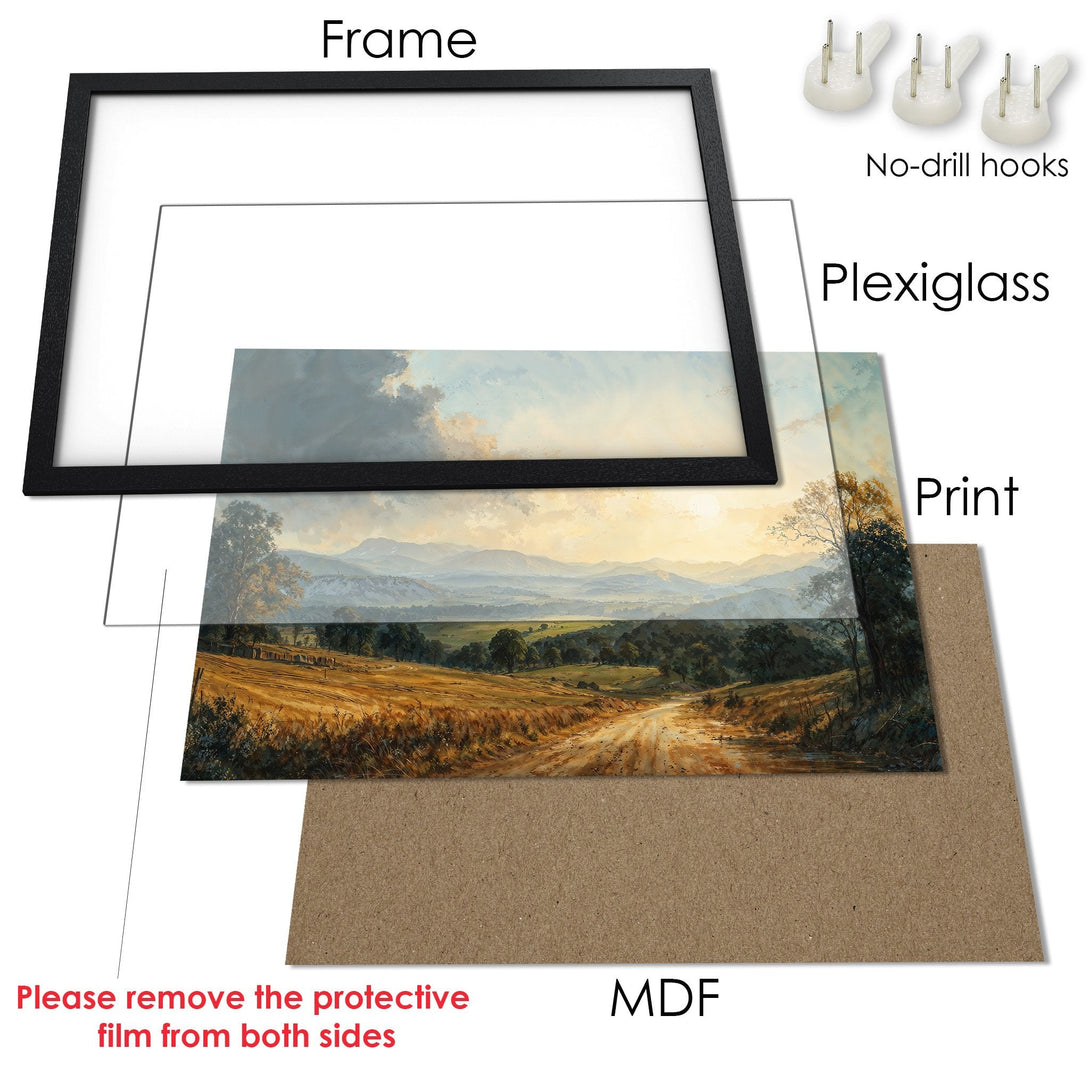 Framed Poster of a scenic landscape in warm earth tones. Classic art style, perfect for home decor.