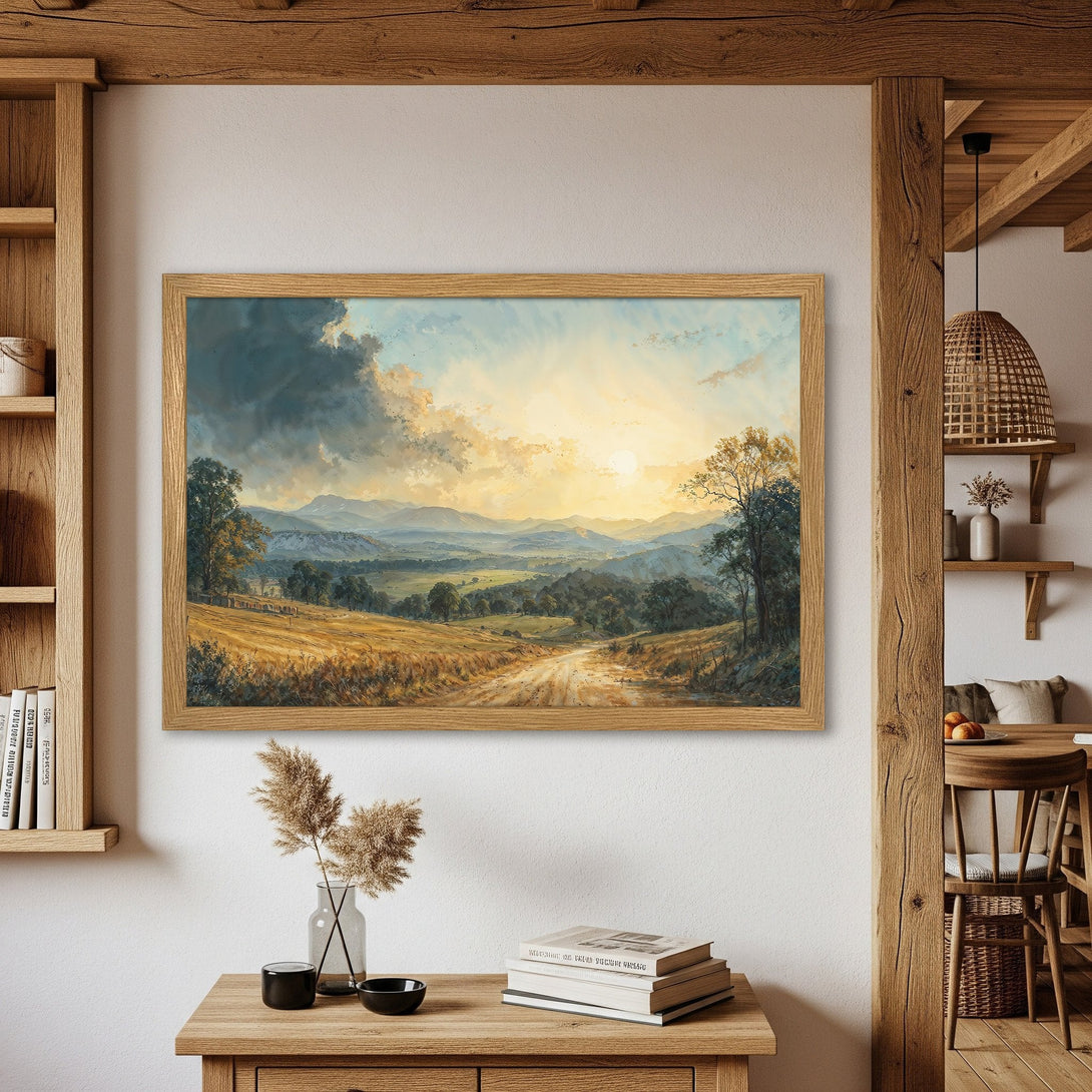 Framed Poster of a scenic landscape painting. Warm, inviting colors and a rustic style create a cozy atmosphere. Perfect wall art!