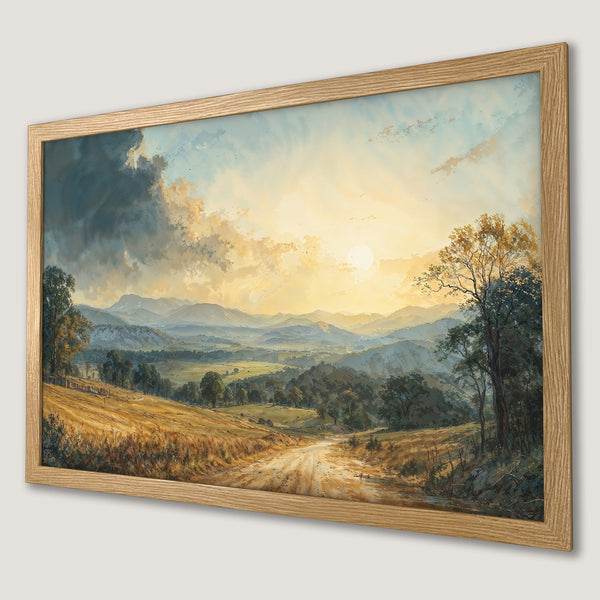 Framed Poster of a scenic landscape painting with warm sunset colors and a rustic style. Bring nature's beauty into your home!