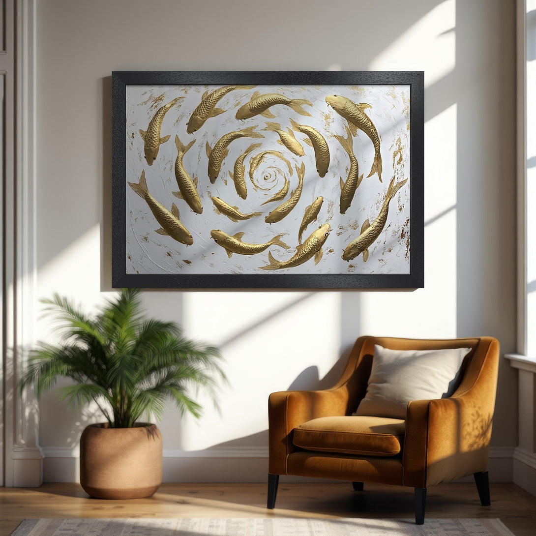 Framed Poster: Gold koi fish art on white background. Modern style with gold and white color palette. Perfect wall decor!