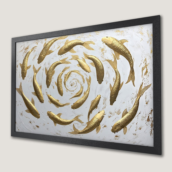Framed Poster: Gold koi fish art, modern style, white & gold palette.