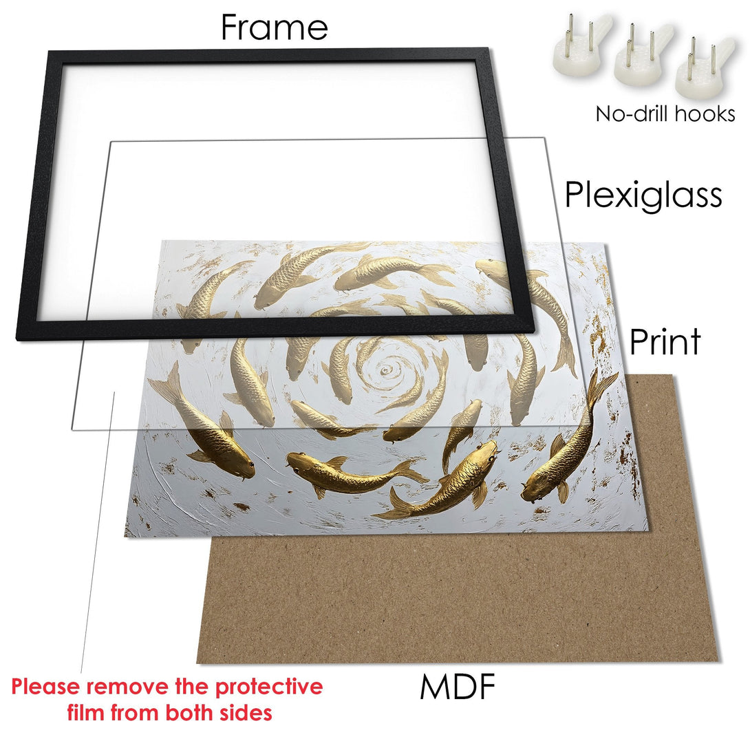 Framed Poster featuring gold koi fish art on a white and grey background. Modern style, elegant design.