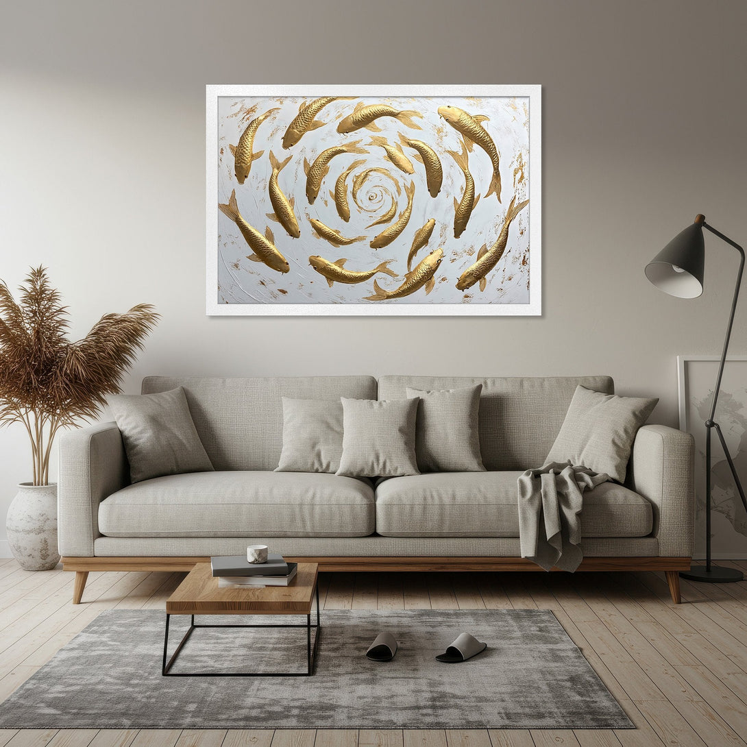 Framed Poster featuring golden koi fish on a textured white background. Modern art with a neutral color palette, perfect for home decor.