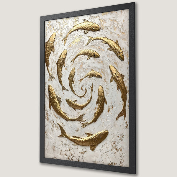 Framed Poster featuring gold koi fish in a spiral design on a textured white and gold background. Modern art print for home decor.