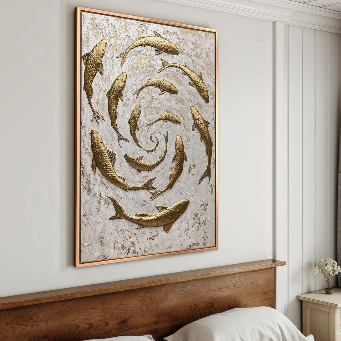 Framed Wall Art featuring gold koi fish on a textured white background. Elegant artwork with a neutral palette perfect for modern home decor.