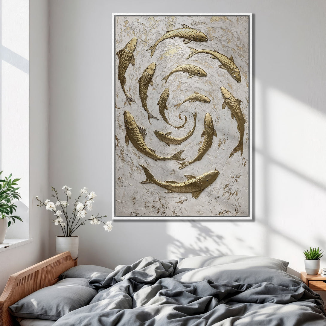 Framed Wall Art: Gold fish spiral on textured white canvas. Modern, elegant art piece with a neutral color palette. Perfect for bedroom decor.
