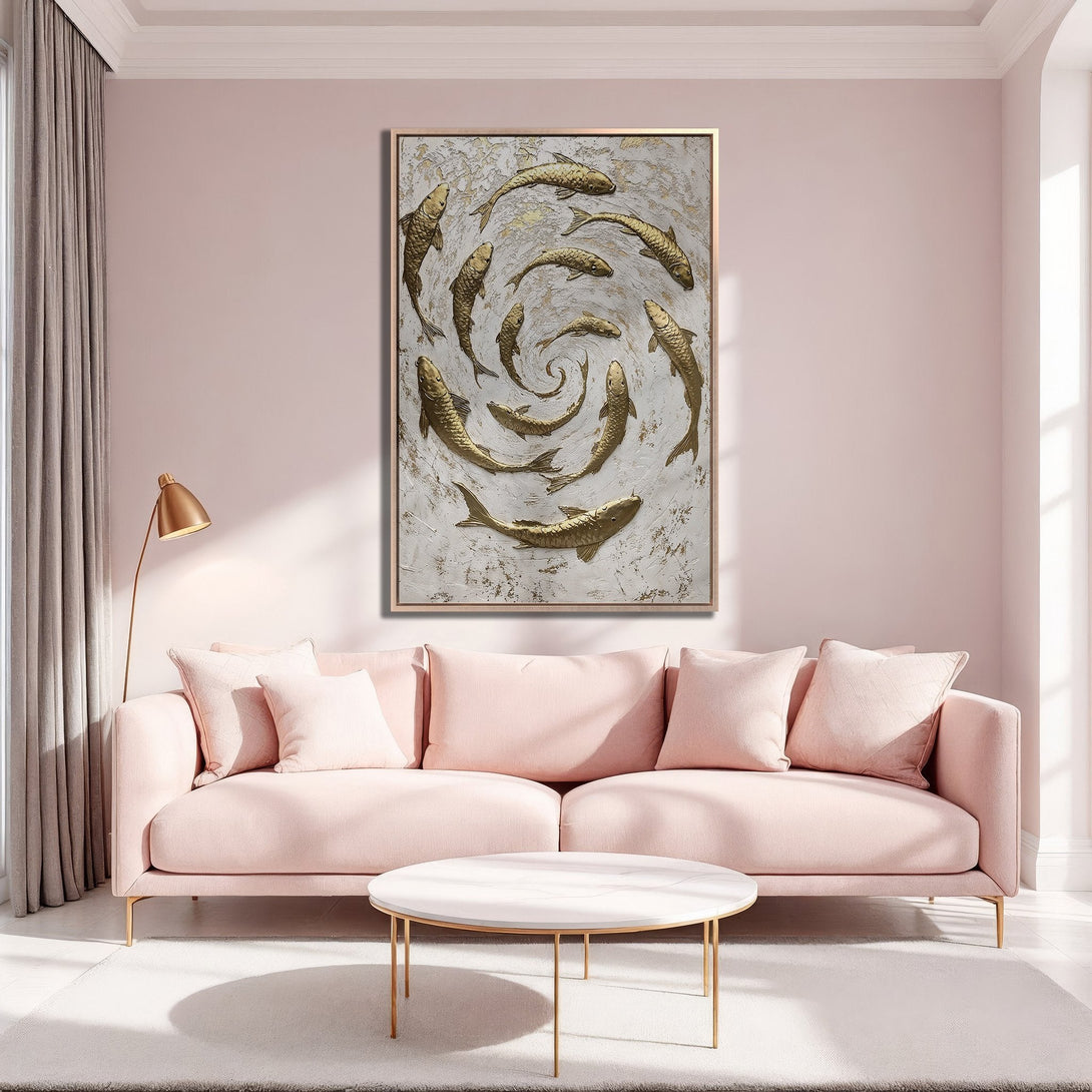 Framed Wall Art: Gold fish swirl on textured white canvas. Modern art in a soft pink and gold interior, perfect for adding elegance to your space.