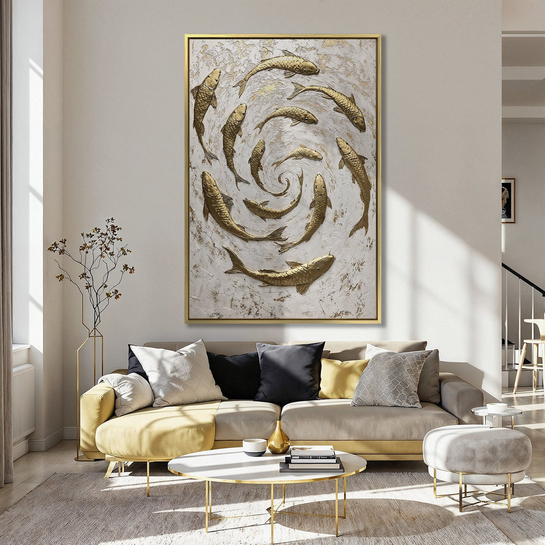 Canvas Print of gold koi fish on textured white background, perfect for modern home decor. Soft pink and gold color palette.