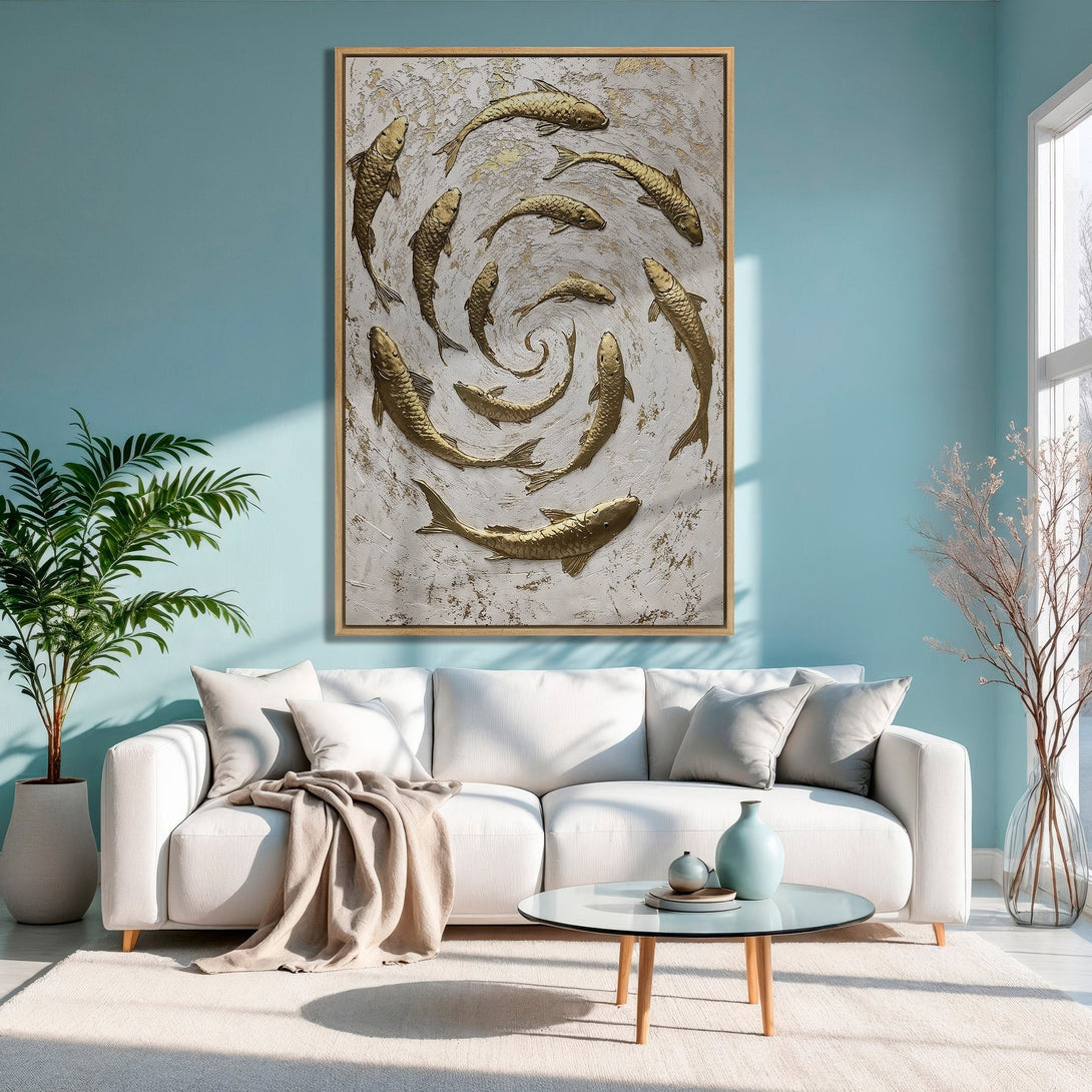 Framed Wall Art: Gold koi fish canvas print in a modern living room. Textured art with a neutral and teal color palette. Enhance your home decor!