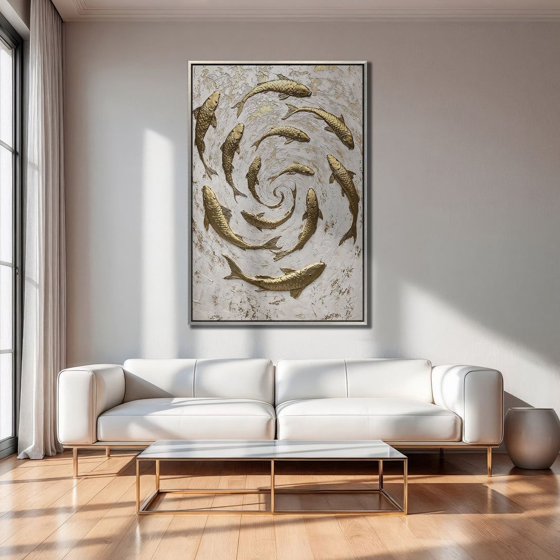 Framed Wall Art: Gold fish swirl on textured canvas. Modern abstract art in neutral tones, perfect for living room decor.