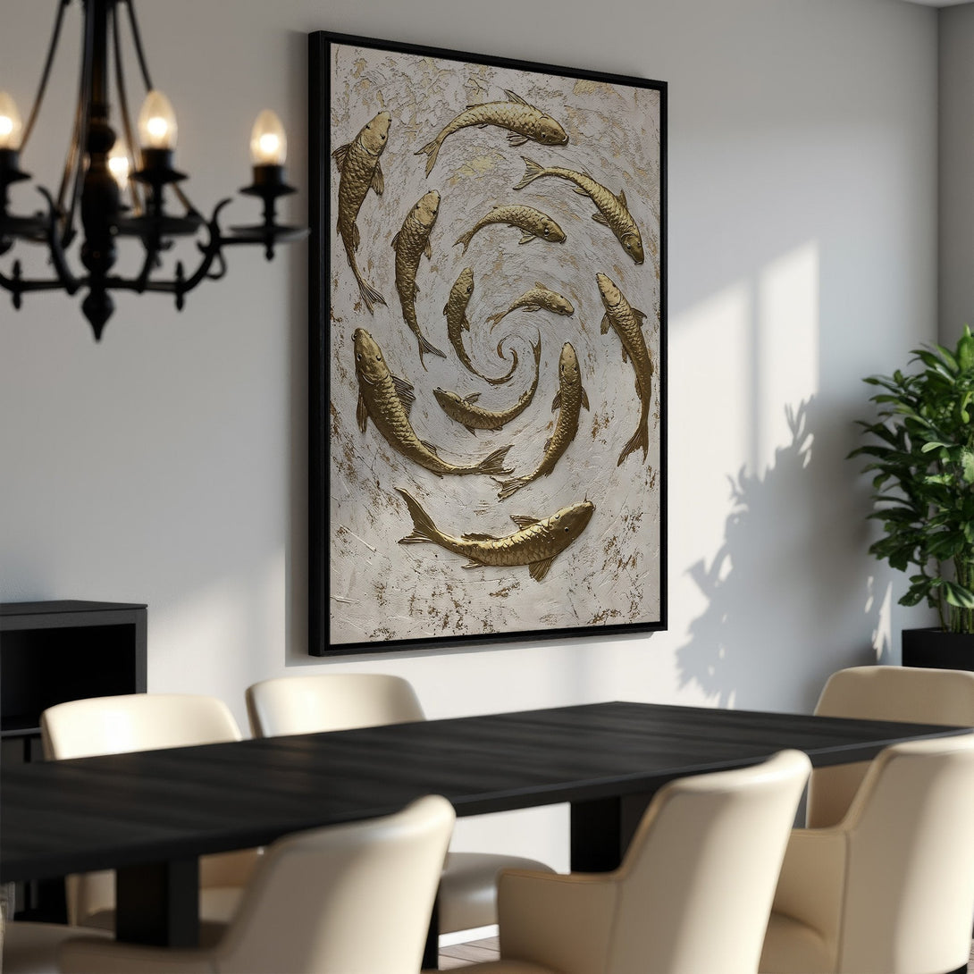 Framed Wall Art featuring a golden koi fish design on a textured canvas. Modern, elegant artwork with a neutral color palette, perfect for dining room decor.
