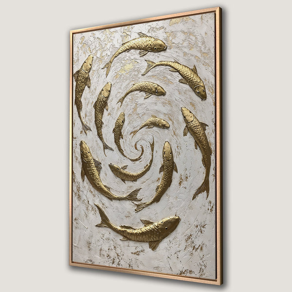 Framed Wall Art featuring a gold fish design on a textured white background. Modern, minimalist style with a warm, neutral color palette. Perfect for home decor.