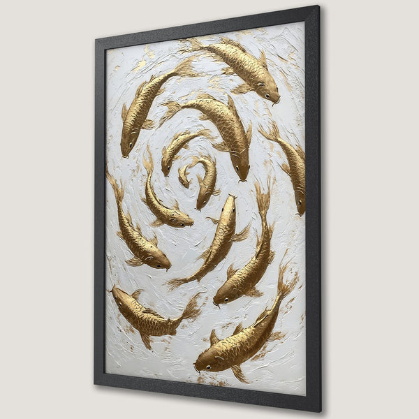 Framed Poster featuring gold koi fish on a textured white background. Modern art style with a neutral and gold color palette. Perfect wall decor.