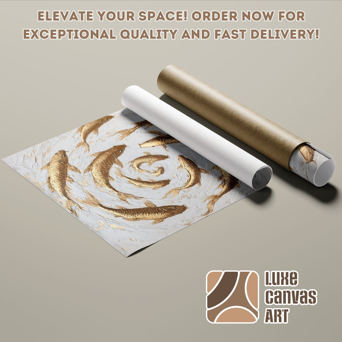 Koi fish art poster roll in gold and blue tones. Elevate your space with Luxe Canvas Art!