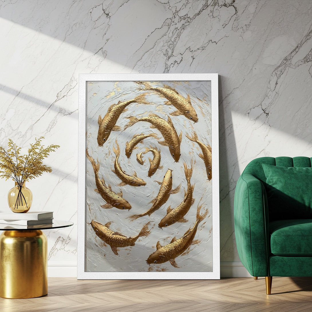 Framed Poster featuring gold koi fish artwork. Modern, abstract style with a neutral and gold color palette. Perfect wall decor.