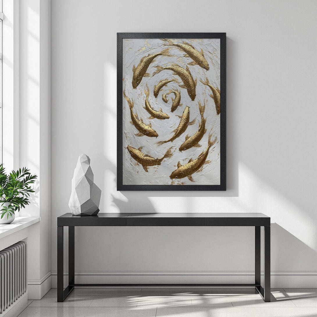 Framed Poster featuring gold koi fish art on a white textured background. Modern style, neutral color palette for elegant decor.