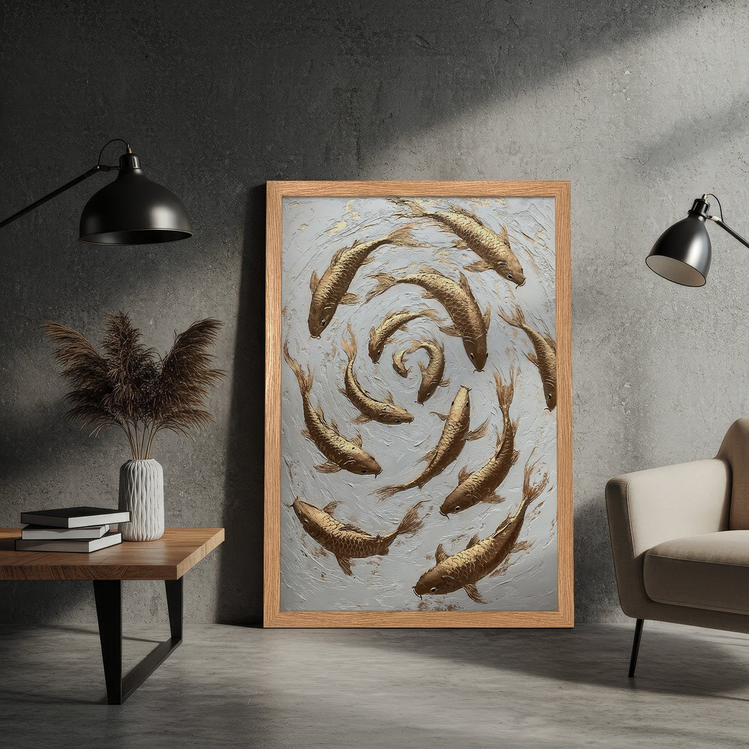 Framed Poster featuring golden koi fish art on a textured gray background. Modern style with warm, neutral color palette. Perfect wall decor.