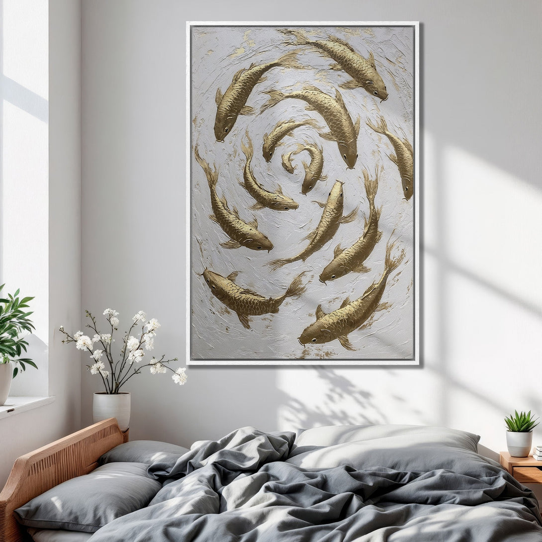 Framed Wall Art: Gold koi fish painting in a bedroom. Modern style, neutral color palette. Enhance your space with this elegant canvas print.