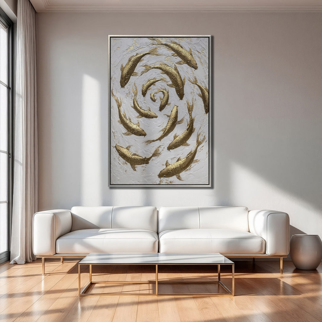 Framed Wall Art: Gold koi fish painting in a modern interior. Neutral palette with gold accents. Elevate your space with this stunning canvas print.