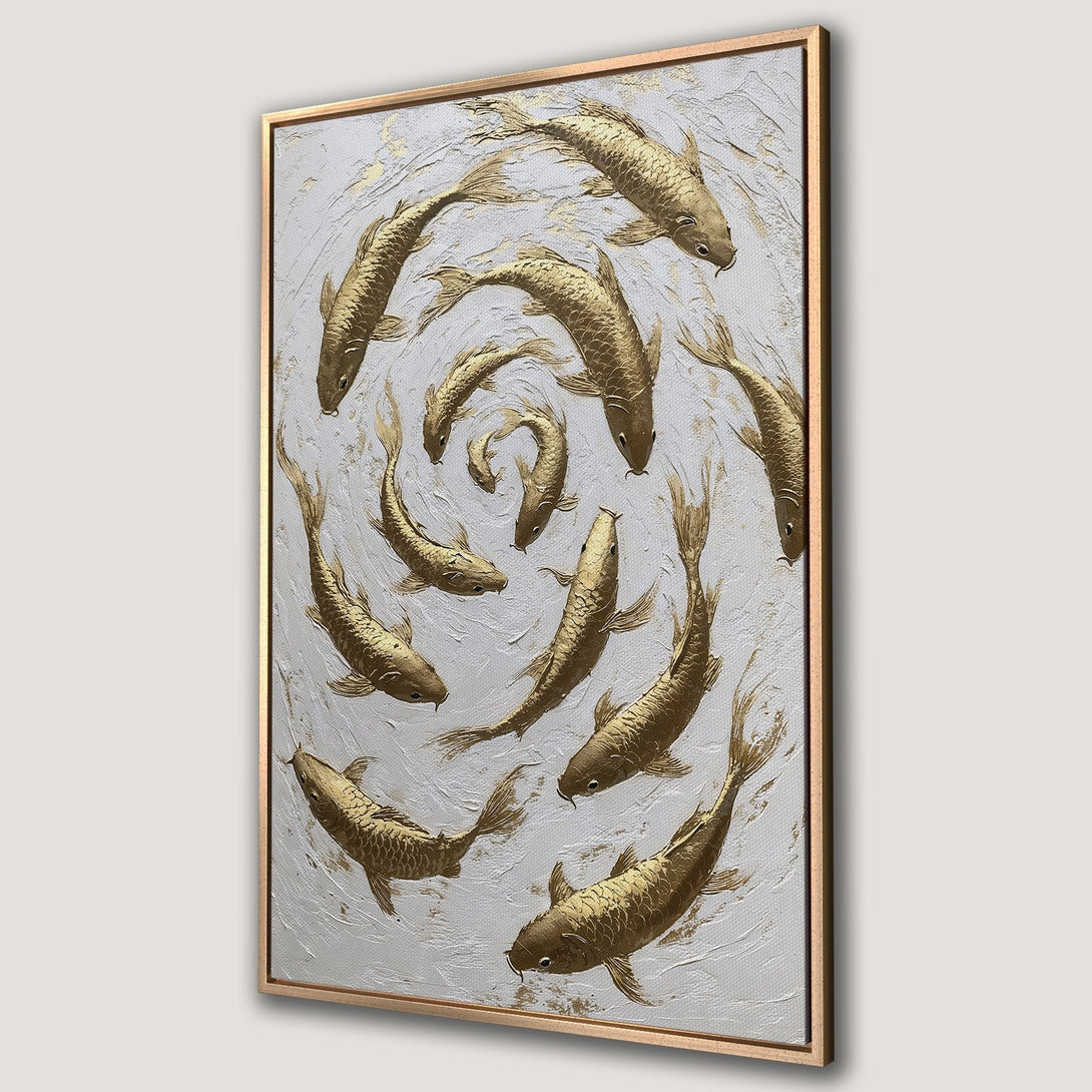 Framed Wall Art featuring gold koi fish on a textured white background. Elegant, modern art with a calming, neutral color palette. Perfect for home decor.