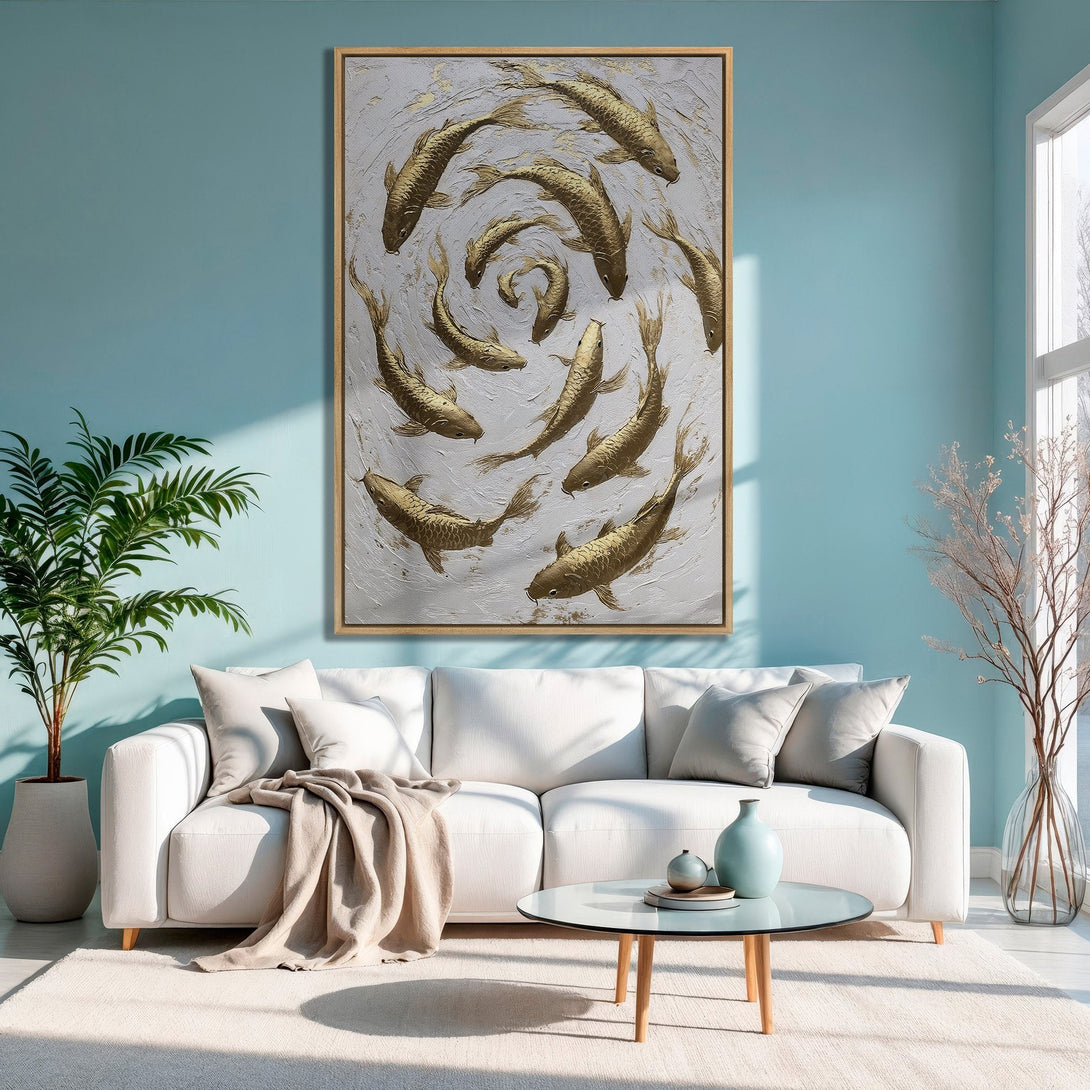 Framed Wall Art: Gold koi fish painting on canvas, creating a serene and elegant focal point. Neutral palette with pops of gold, perfect for any space.