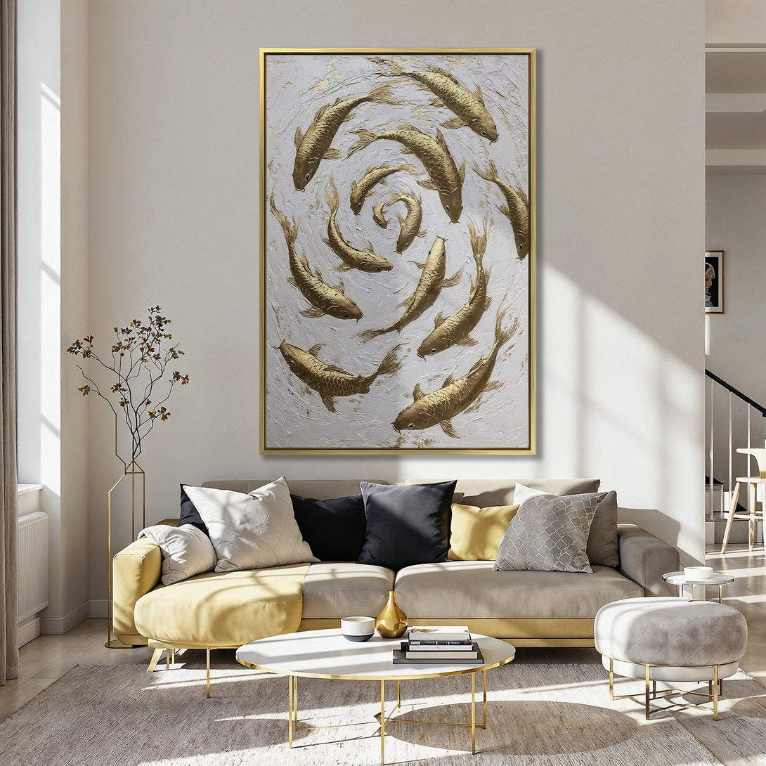 Canvas Print featuring gold koi fish artwork, displayed in a stylish kitchen.  Elegant, textured art with a neutral and gold color palette.