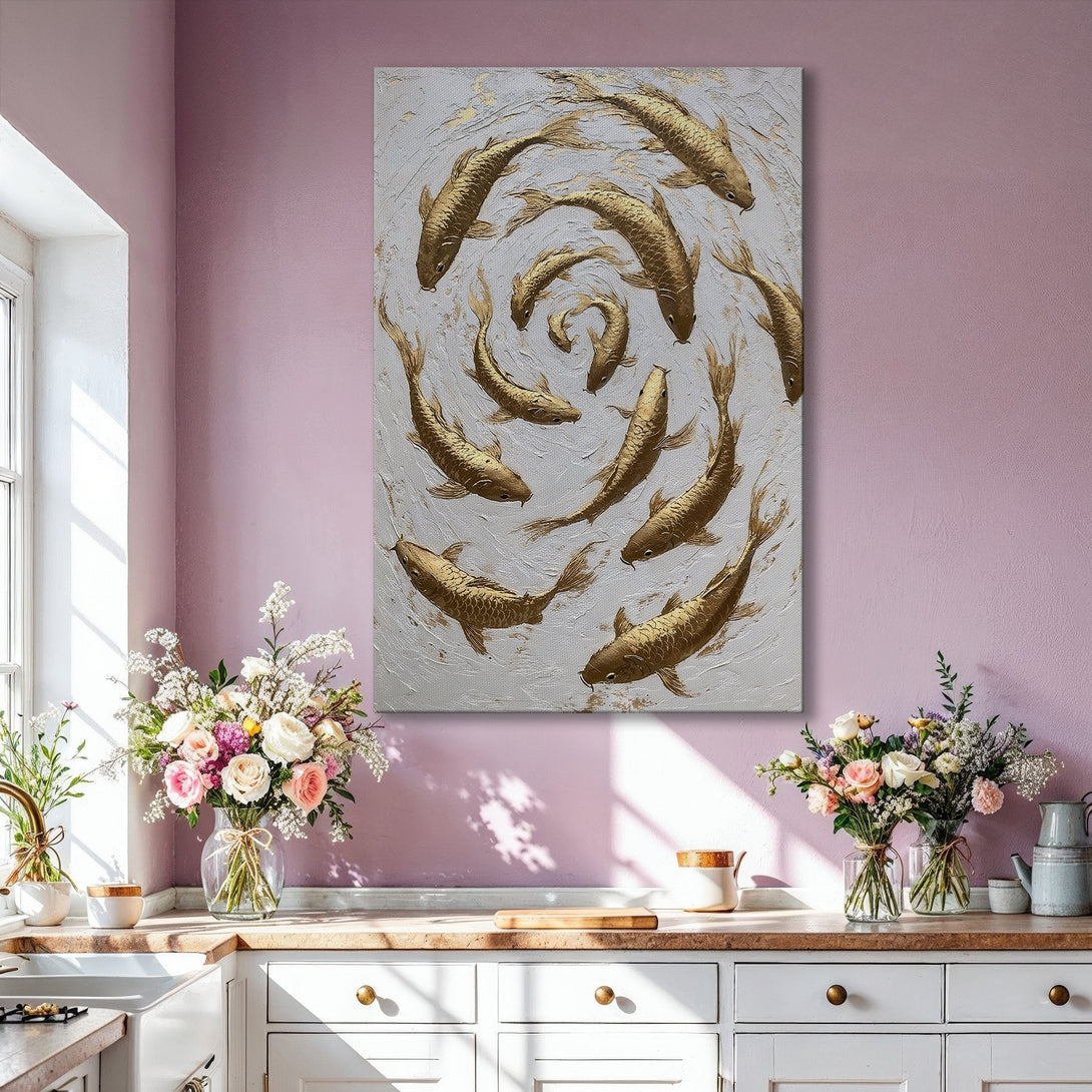 Framed Wall Art: Gold koi fish painting in a modern interior. Neutral palette with gold accents. Elevate your space with this stunning artwork!