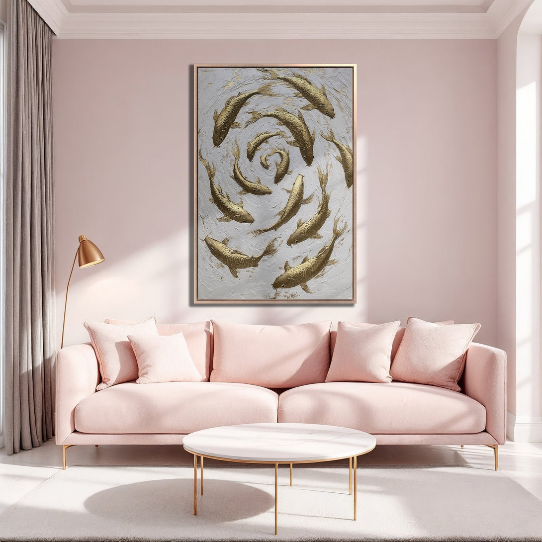 Framed Wall Art featuring gold koi fish in a modern, textured style. Soft pink and gold color palette, perfect for adding elegance to any space.