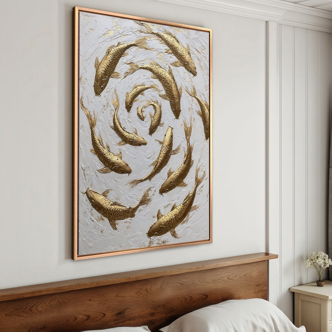 Framed Wall Art featuring gold koi fish on a textured white background. Modern, elegant art with a neutral and gold color palette. Perfect for home decor.
