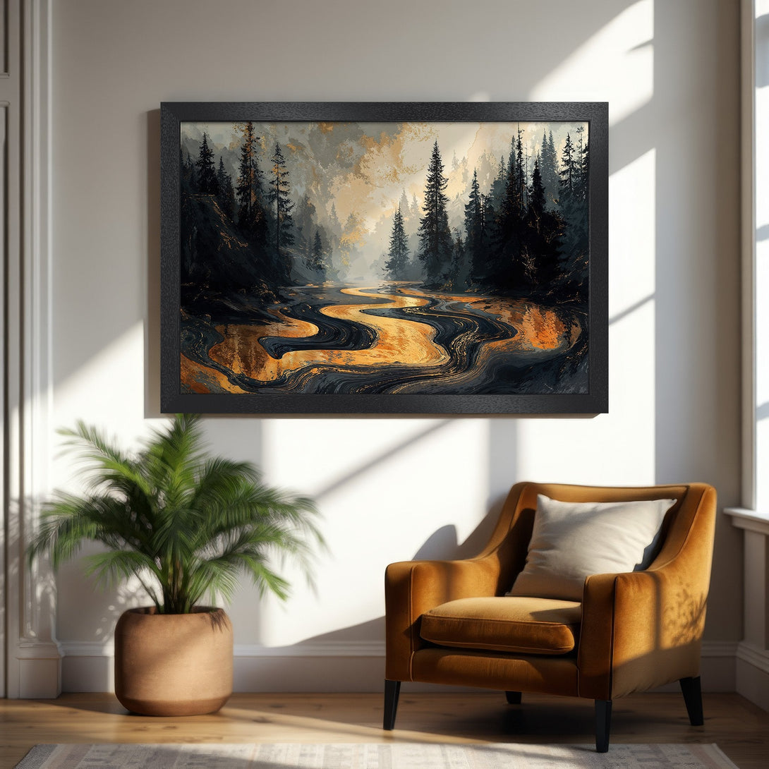 Framed Poster featuring a forest landscape in a modern, abstract style with a dark, gold, and gray color palette. Perfect wall art!