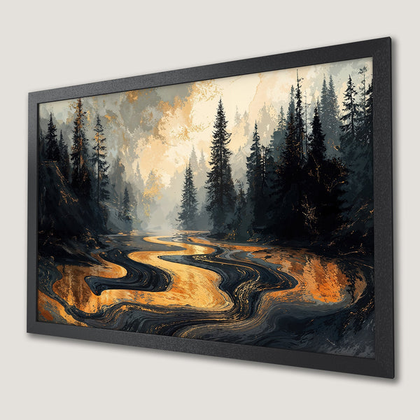 Framed Poster of a forest landscape with a river. Abstract style, dark blues, gold, and grey color palette.