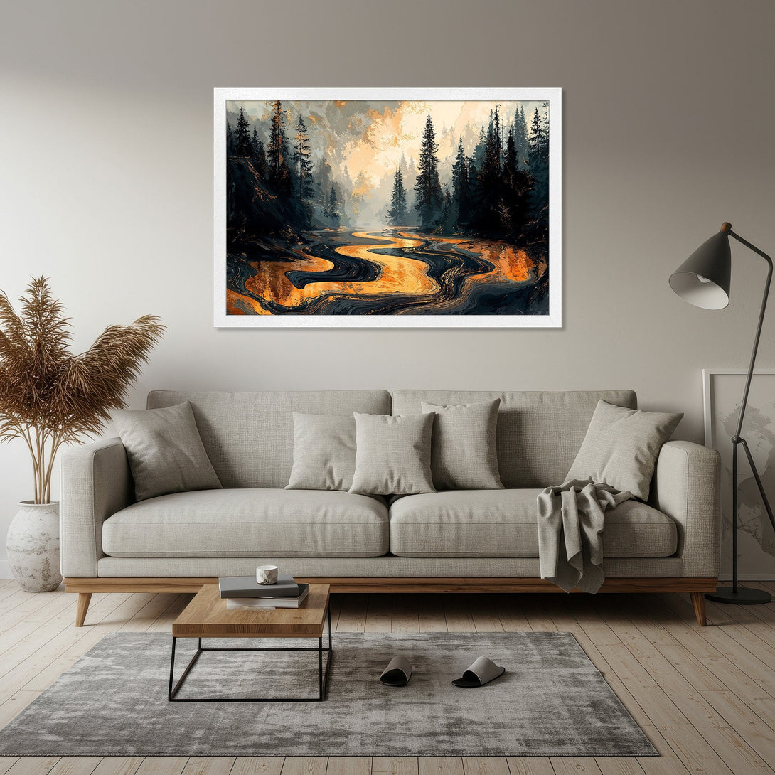 Framed Poster of a vibrant landscape painting with a river, in a modern style, featuring a gold and dark blue color palette.