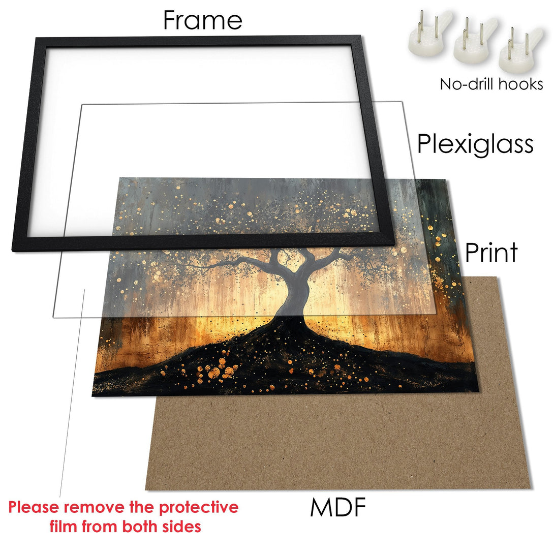 Framed Poster featuring a stylized tree in a black, gold, and gray color palette. Perfect wall art for any space!