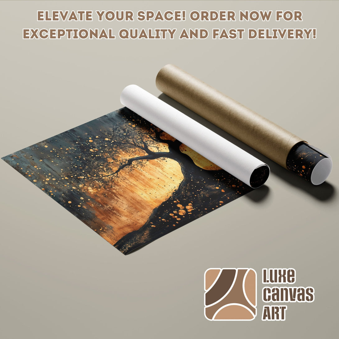 Abstract tree Poster Roll art in gold and black. Elevate your space! Order now!
