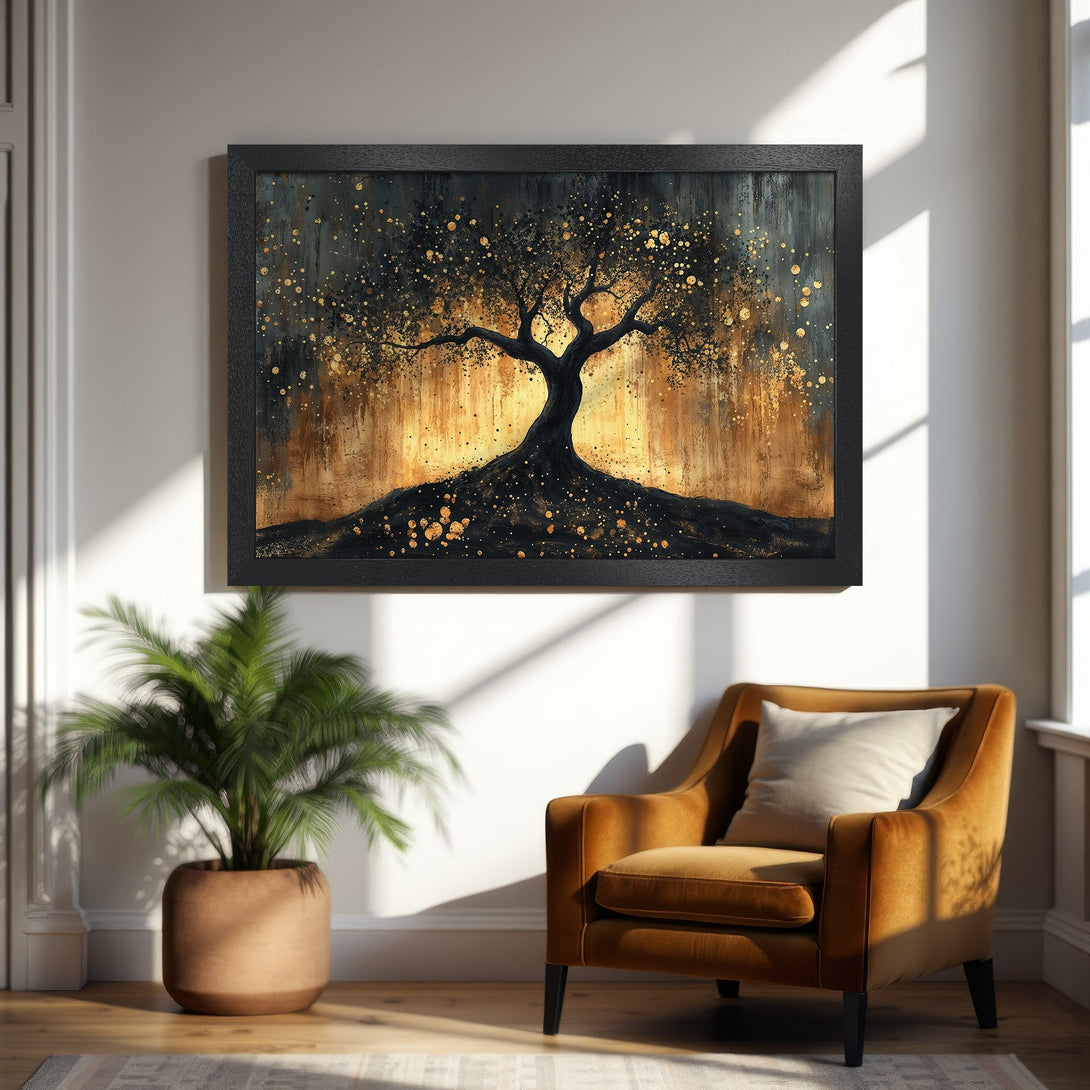 Framed Poster featuring a stylized tree in black, gold, and teal. Modern art print for home decor.