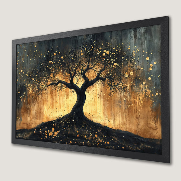 Framed Poster featuring a stylized tree in gold and black. Abstract art print with a warm, inviting color palette. Perfect wall decor!