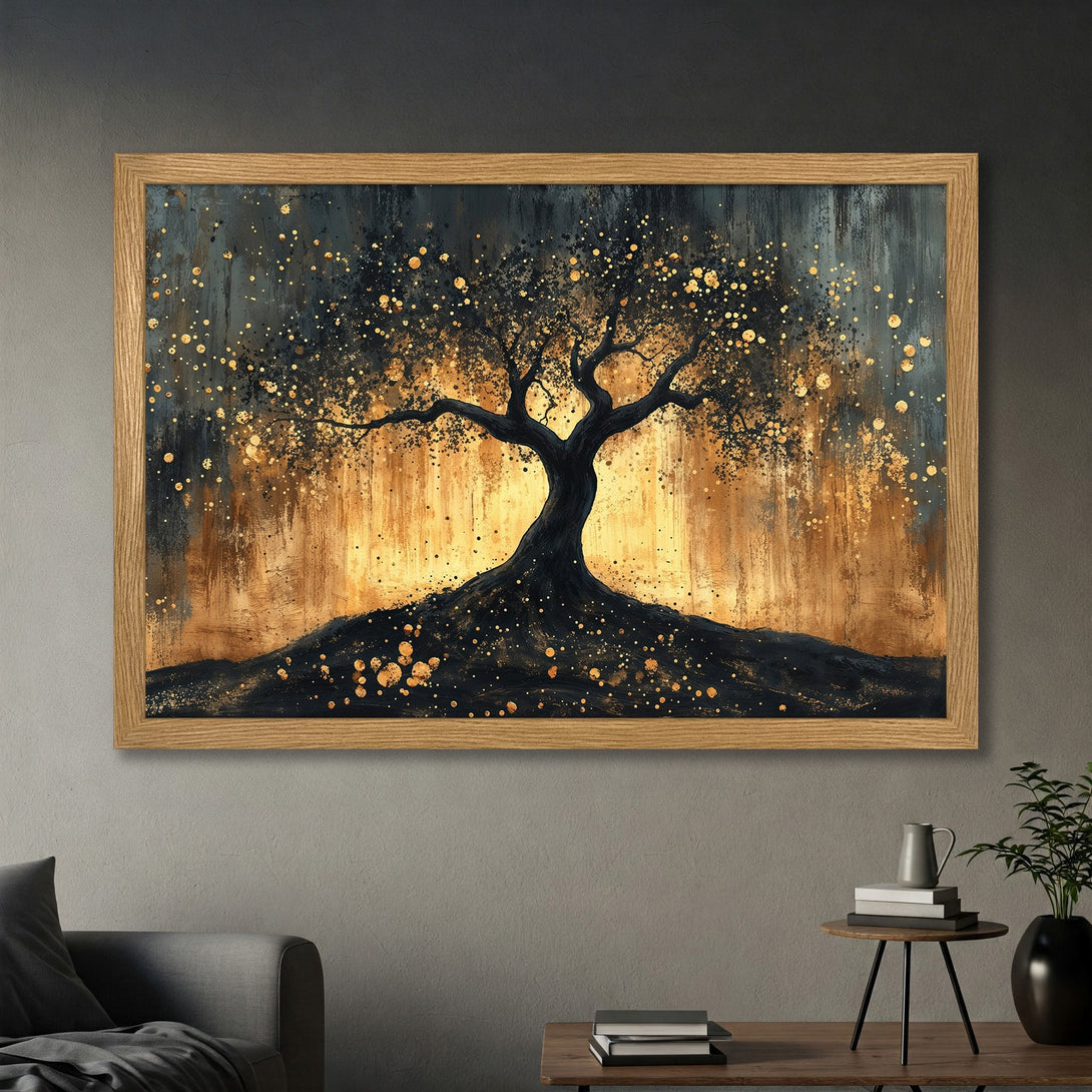 Framed Poster of a golden tree art print. Stunning abstract style with black, gold, and teal color palette. Perfect for any home decor.