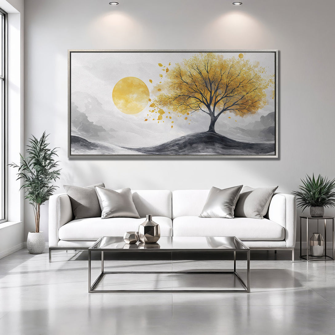 Framed Wall Art: Golden tree landscape canvas print in a modern living room. Features yellow, gray, and white color palette for a calming aesthetic.