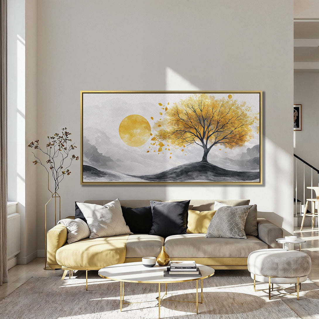 Canvas Print: Abstract tree art in gold and gray tones. Modern wall decor for living room. Adds a touch of elegance.